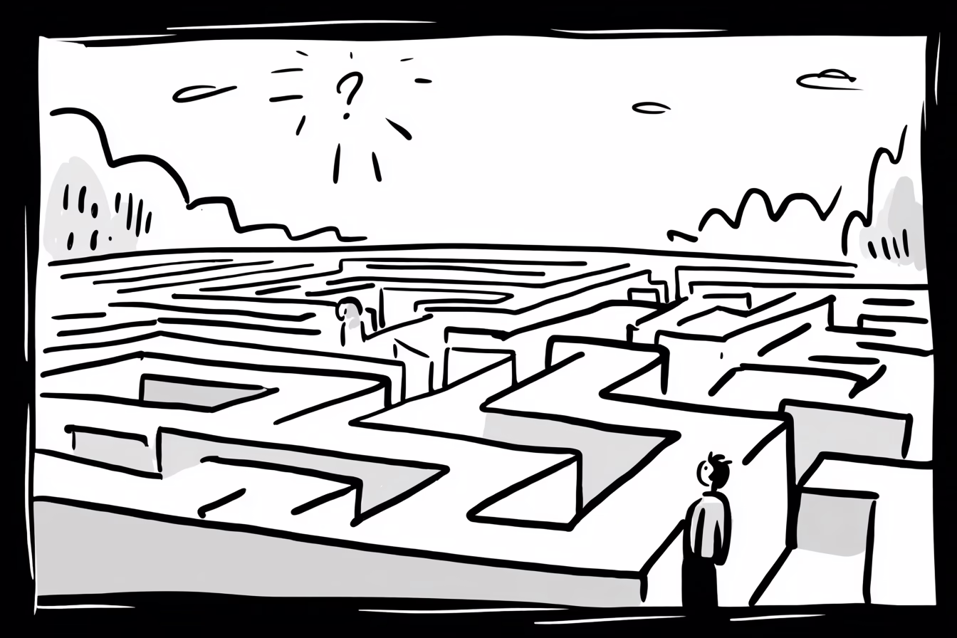 Cartoon Darstellung eines Irrgartens, symbolisiert die Sitemap der Webseite.